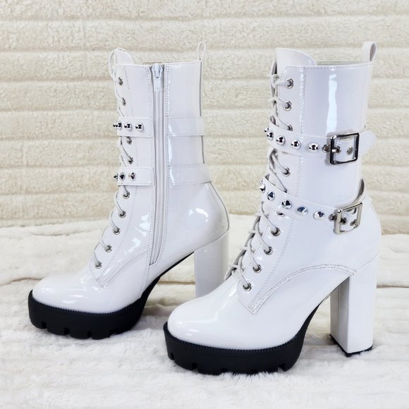 Bright White Patent Lug Sole Studded Strap Ankle Boots Temptress - Picture 1 of 12